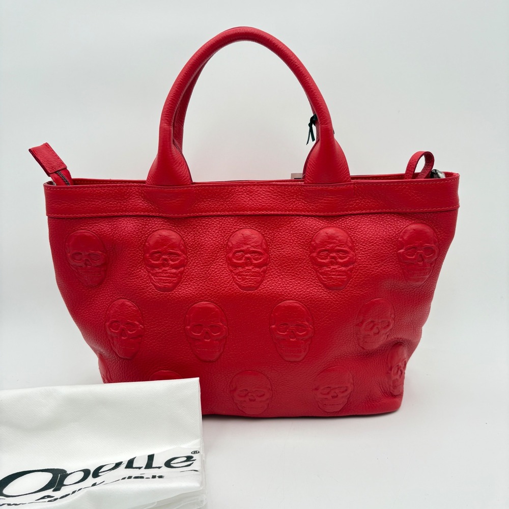IOpelle Italia Embossed Skull‎ Leather Satchel Top Handle Bag Red Designer Purse